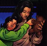 Evie hugging Eden, who looks away